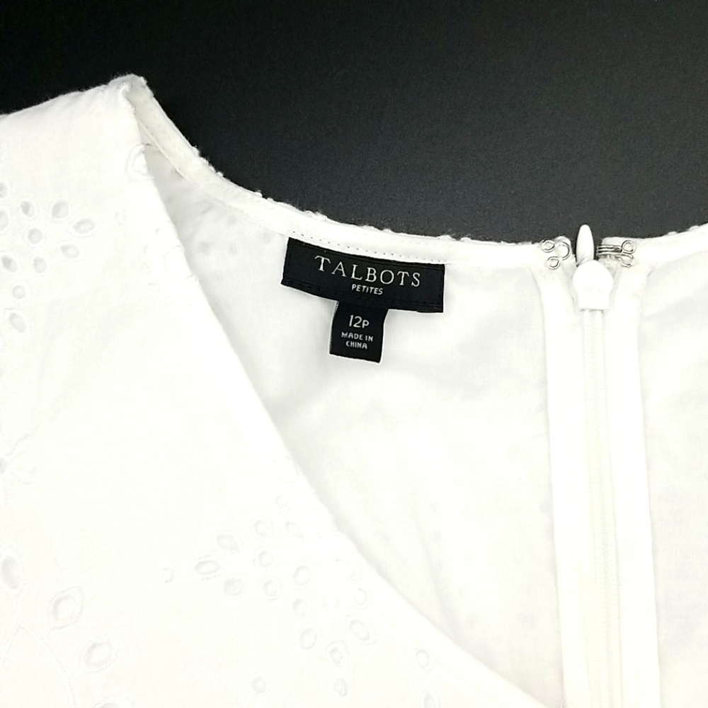 Talbots Petites 12 Petite White Eyelet Lace V-neck Short Sleeve Shift Dress - Picture 5 of 14